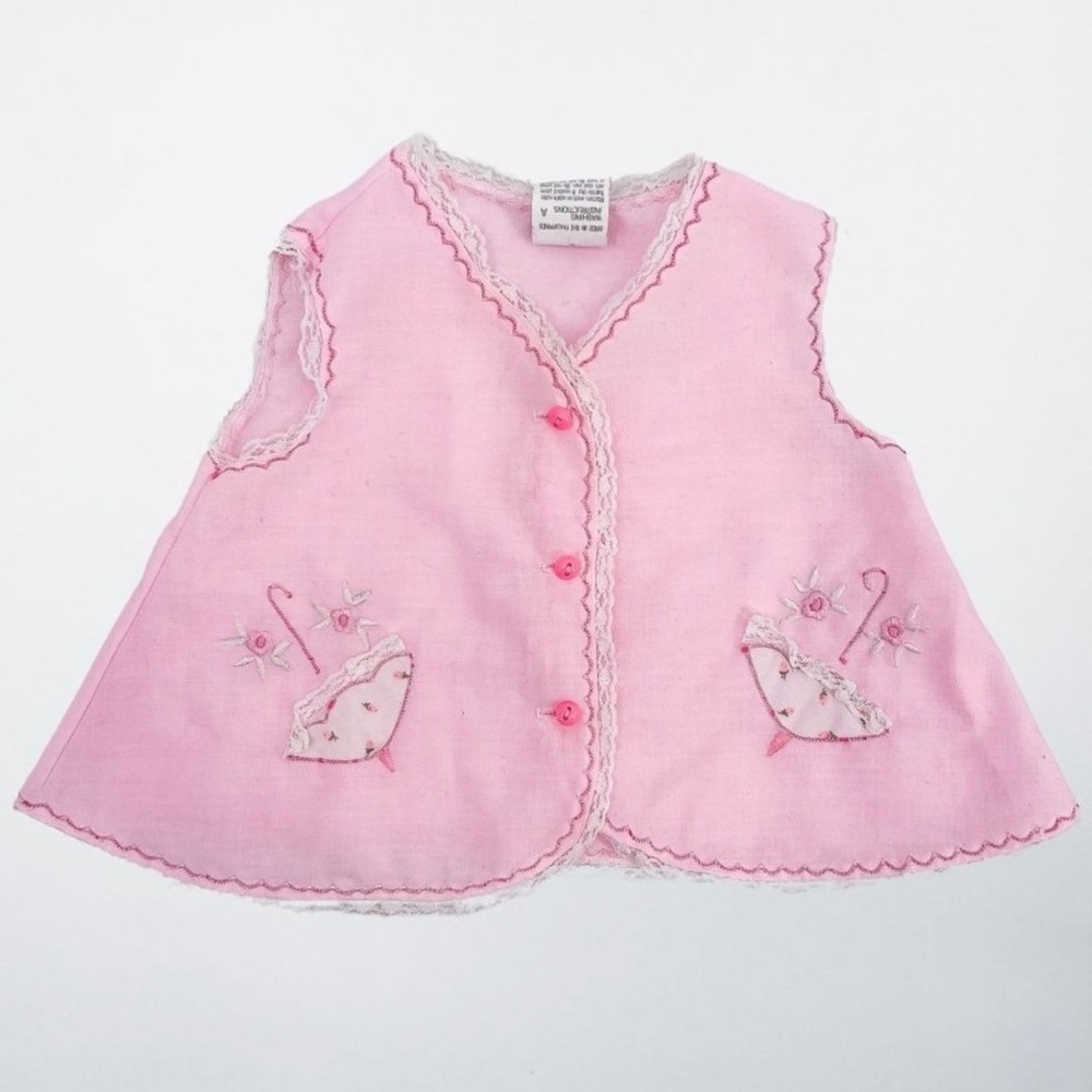 Vintage Pink Umbrella Embroidered Lace Trim Baby Vest Birth to 3 Months